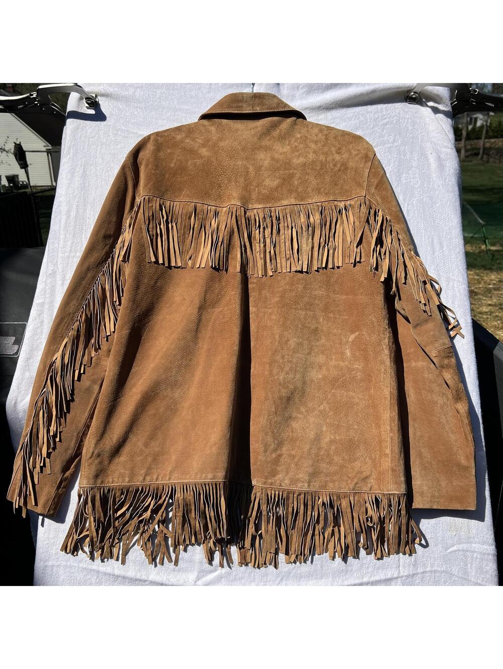 Vintage Western Fringe Suede Leather Jacket Tan Brown Button Front Coat Size XL - Picture 2 of 9